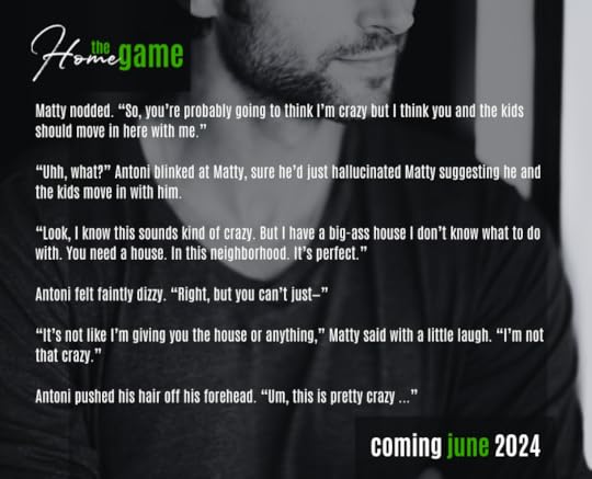Man with dark stubble wearing dark shirt smiling. Text saying The Home Game coming june 2024