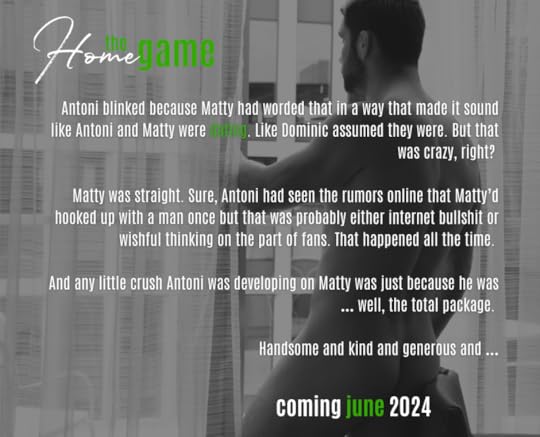 Nude man looking out a hotel window. Text saying The Home Game coming june 2024