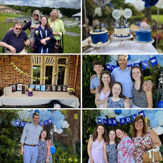 collage of photos of Penny with family and friends at graduation and grad party