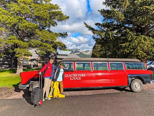 Taylor Family with Vintage Red Glacier National Park Tour Bus at Glacier Park Lodge East Glacier Montana 3