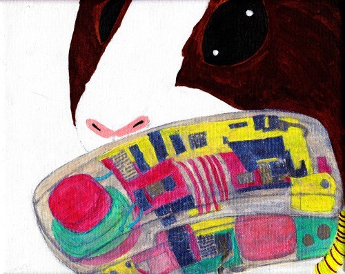 Rachel E Smith guinea pig painting Ace on the Phone