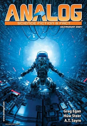 The cover of 'Analog Science Fiction and Fact', July/August 2024. The cover depicts a futuristic astronaut kneeling in a huge mechanical tunnel, with a blue explosion behind them.