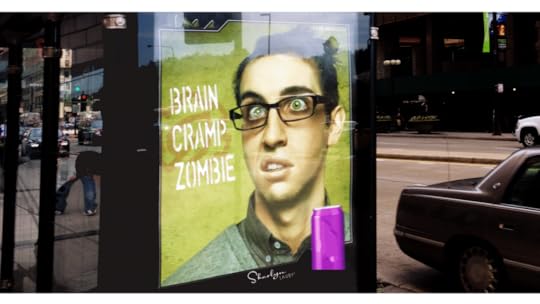 bus stop advertising showing a brain cramp like early artificial intelligence