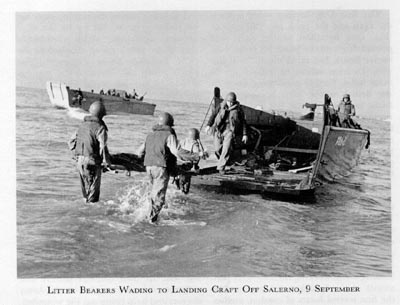 Wounded American soldiers being evacuated by landing craft (LCVP) off Salerno, Italy, 9 September 1943. (US Army Medical Dept.)
