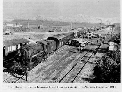 US 41st Hospital Train running from the Italian front to the Army hospital complex in Naples, February 1944 (US Army Medical Dept.)
