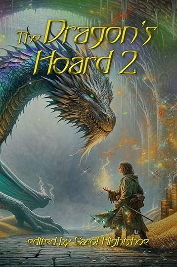 A huge dragon with iridescent scales looms over a wizard in a magical cavern. Title reads 
