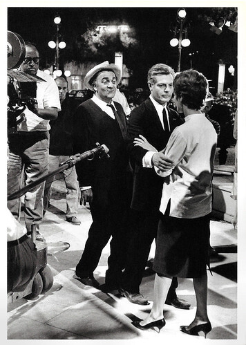 Federico Fellini, Marcello Mastroianni and Anouk Aimée on the set of La Dolce Vita (1960)