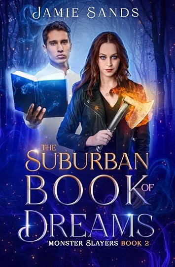 A young man with a glowing book and a young woman with a fiery axe stand facing you. Behind them is a mysterious forest in shades of dark blue. Text reads 