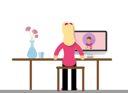 Colorful sketch of a blonde woman in a pink shirt and black pants at a wooden desk with blue vase of purple flowers and blue glass of water, having a video conference on her computer monitor.