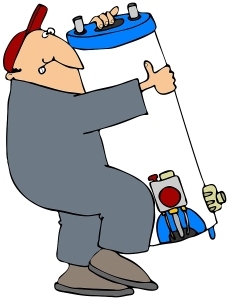 This illustration depicts a man carrying a gas water heater.