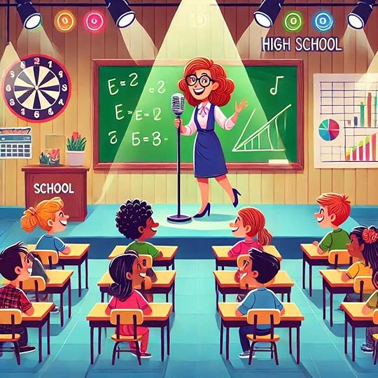 A cartoony high school classroom with students sitting at their desks, colorful decorations on the walls, and a chalkboard at the front. The teacher is standing at the front of the room in a spotlight, holding a microphone as though she were a stand-up comedian. The teacher has a playful expression, and the students are smiling and laughing. The scene is vibrant and lively, capturing the fun and humor of the moment.