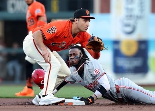 San Francisco Giants' Casey Schmitt waits for the late throw as Cincinnati Reds' Elly De La Cruz steals 2nd base, Friday, May 10, 2024, at Oracle Park in San Francisco, Calif. (Karl Mondon/Bay Area News Group)