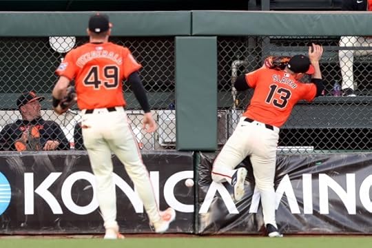 San Francisco Giants's Austin Slater #13 crashes into the outfield fence trying to catch a ball hit by Cincinnati Reds' Spencer Steer in the first inning, Friday, May 10, 2024, at Oracle Park in San Francisco, Calif. (Karl Mondon/Bay Area News Group)