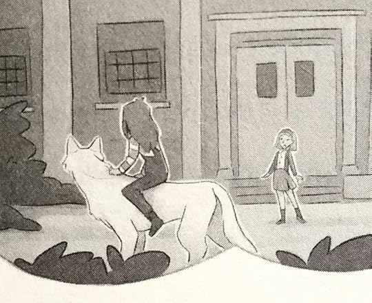 girl riding a wolf, which in real life is unsafe for the wolf... and the girl, actually