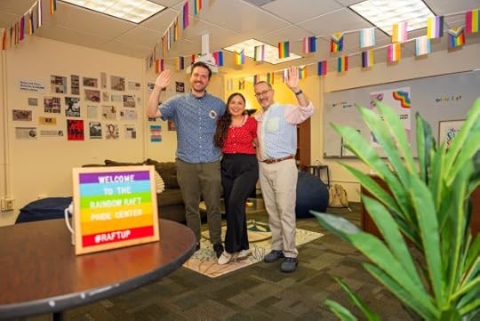 From left to right: Tyler St. Pierre-Young (Rainbow Raft staff coordinator), Betsi Solis (co-director of El Centro) and David Reichard (Rainbow Raft faculty coordinator) celebrating the opening of the Rainbow Raft. (Courtesy of Brent Dundore-Arias)