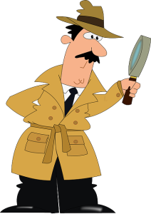 Cartoon image of a man in a trench coat holding a magnifying glass