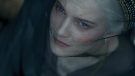 Helaena looks up to the sky through a black veil on House of the Dragon
