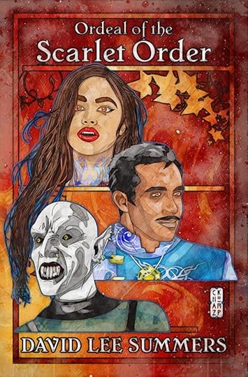 A dark-haired woman, a hispanic man, and a gaunt vampire face toward you. Autumn leaves swirl against a scarlet background. Text reads