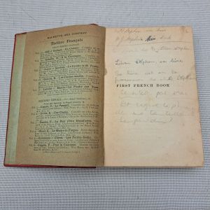 flyleaf of my grandmother's French primer showing her handwritten notes