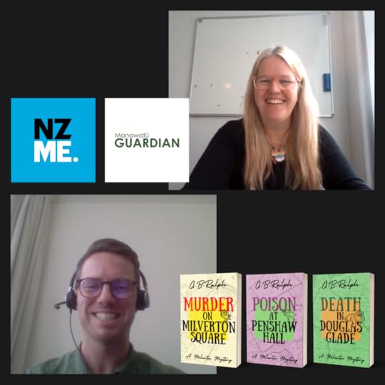 Zoom call screenshot. Ilona Hanne alongside NZME and Manawatū Guardian logos. G B Ralph alongside The Milverton Mysteries book covers.