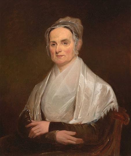 Half-body portrait of woman, seated in chair, arms folded in front, wearing white bonnet and shawl, over dark brown dress.