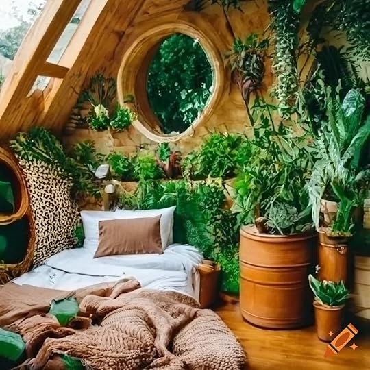 Cozy bedroom with natural lighting and potted plants on Craiyon