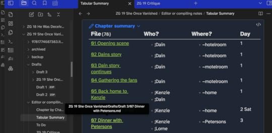 Tabular columns showing scene info in Obsidian
