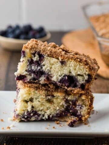 Blueberry Coffee Cake for those with CKD on a white plate ready to be served.