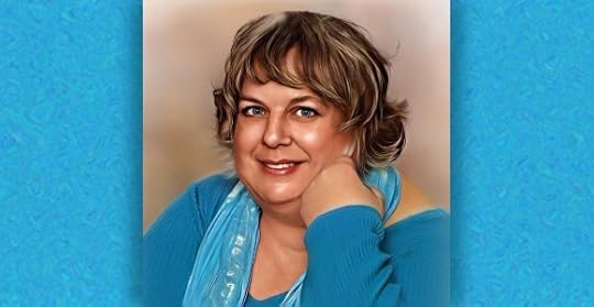 A woman with short, light brown hair and blue eyes smiles confidently. Her sweater and scarf are light blue. There is a light blue frame on each side.