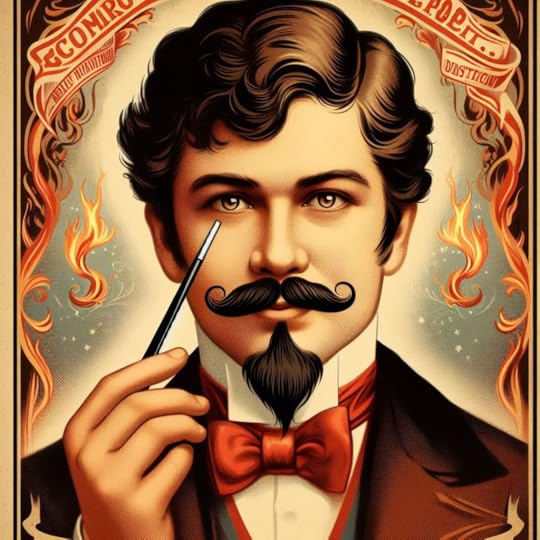 A.I.l generated image from the prompt “create a poster for an 1800s stage magician. The magician needs a goatee.” The result is a stereotypical 