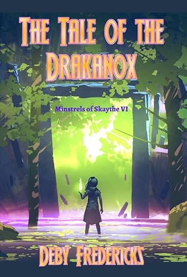 A person stands before a glowing magic doorway in a dark fantasy jungle. This is the cover to the fantasy novel, The Tale of the Drakanox.