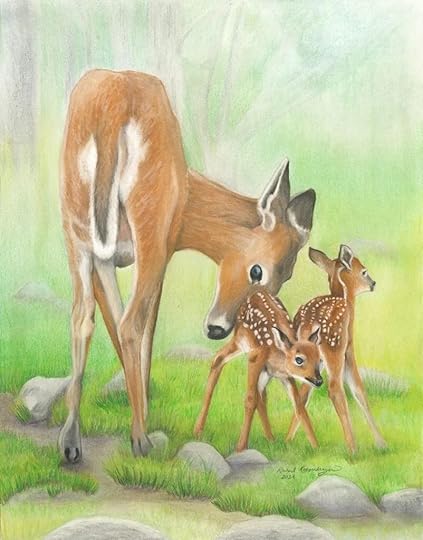 A doe whitetail deer gives her wobbly fawn a leg up