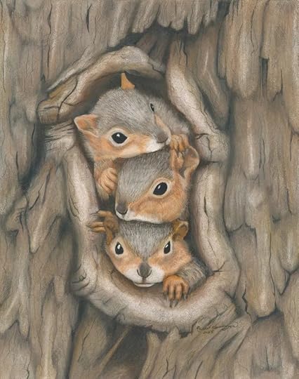 Three baby fox squirrels peer out a hole in the tree while they're stuck inside the nest