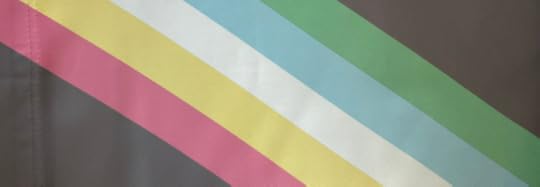 Disability Pride flag: grey background and, from left to right, red, gold, white, blue, and green diagonal stripes