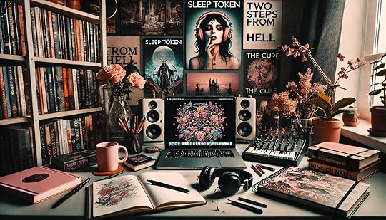 laptop on a desk with books and pens around it. speakers are showing and music posters hang on the wall 