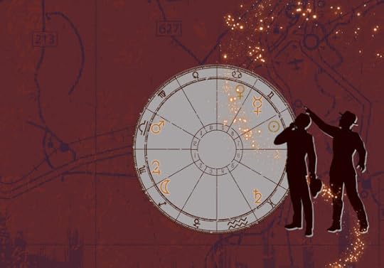 The cover for the print copy without any lettering. A map of Germany in dark red is the background. An astrology chart (described in text) in the centre over the spine and both covers. Two figures in silhouette are looking at a point in the upper left.
