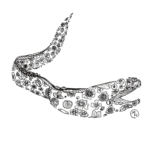 Floral illustration of a spotted moray, black and white