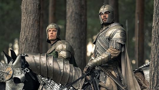 Criston Cole and Gwayne Hightower in armor and helmets on horseback on House of the Dragon