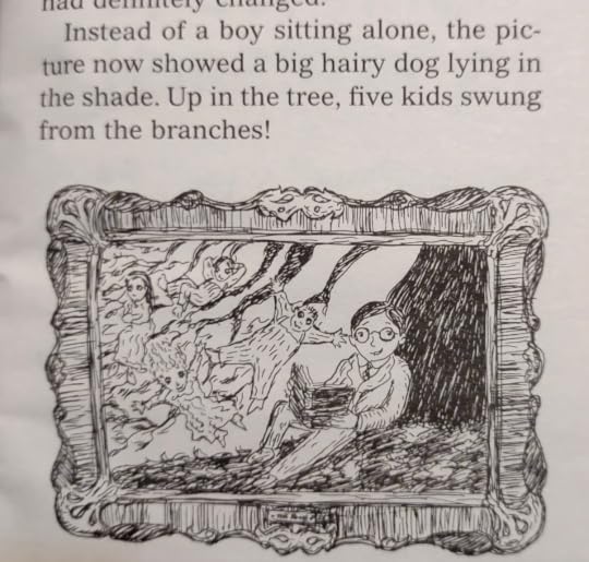 text: '...the picture now showed a big hairy dog lying in the shade. Up in the tree, five kids swung from the branches!'/picture: no dog, four kids in the branches