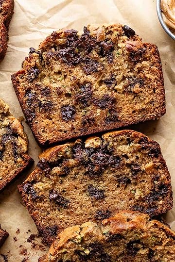 peanut butter chocolate chip zucchini bread loaf in slices.