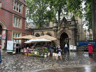 View of flower stall outside St Mary Abbots Church, Kensington