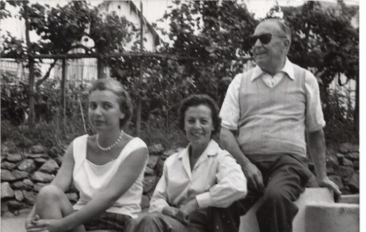 black white photo of young woman with elderly couple
