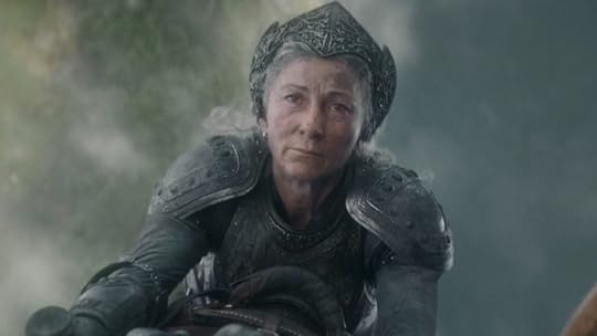 A battered and soot-covered Rhaenys looks sad as her dragon fall from the sky on House of the Dragon