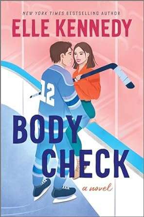 Illustrated cover showing a white man in a hockey jersey holding a white woman in an orange top holding a hockey stick, against the boards, they are smiling at each other. Colours of the cover are blue (ice) and pink (background behind the woman).