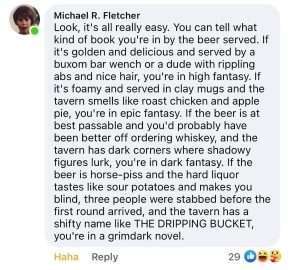 Michael R. Fletcher's Facebook comment using taverns to help define grimdark