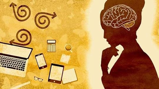 graphic with woman's head showing brains and electronic devices