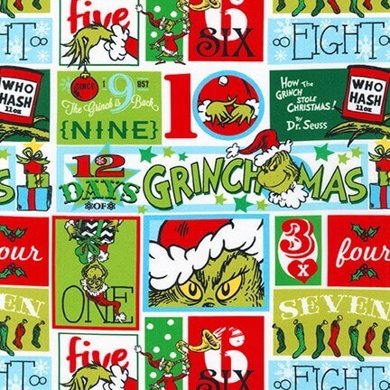 How the Grinch Stole Christmas 12 Days of Grinchmas Fabric by the Yard available at ShopNZP.com from Nancy Zieman Productions