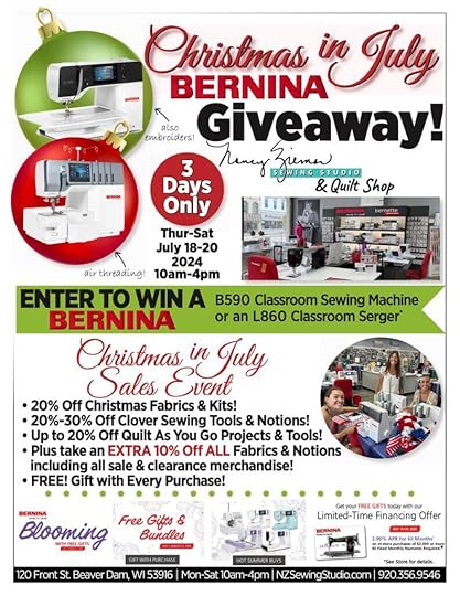 Christmas in July & BERNINA Giveaway at The Nancy Zieman Sewing Studio and Quilt Shop in Downtown Beaver Dam WI