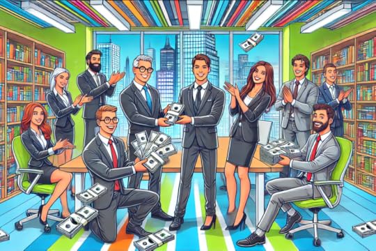 Image: an AI generated illustration of book publishing executives in the meeting room of an urban skyscraper, enjoying large handfuls of cash they've received from licensing content to AI companies.