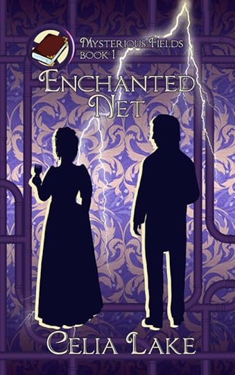 A silhouetted man and woman in Victorian dress stand with their backs to the viewer. She is holding a glass of wine as they look toward each other. The background is a purple damask, crossed by pipes and gears and a streak of lightning, with a book inset in the top left corner.